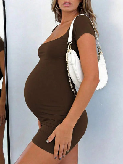 Maternity Short Sleeve Square Neck Skinny Jumpsuit High Stretch Casual Athletic Romper for Sports Daily Wear and Halloween