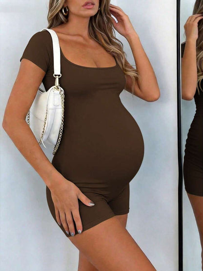 Maternity Short Sleeve Square Neck Skinny Jumpsuit High Stretch Casual Athletic Romper for Sports Daily Wear and Halloween