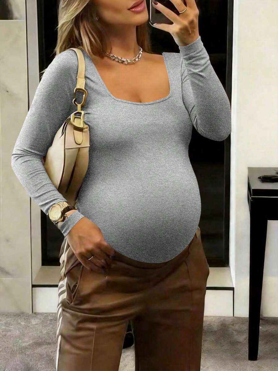 Maternity Bodysuit - Crew Neck Long Sleeve High Elasticity Casual Daily Wear, Pink