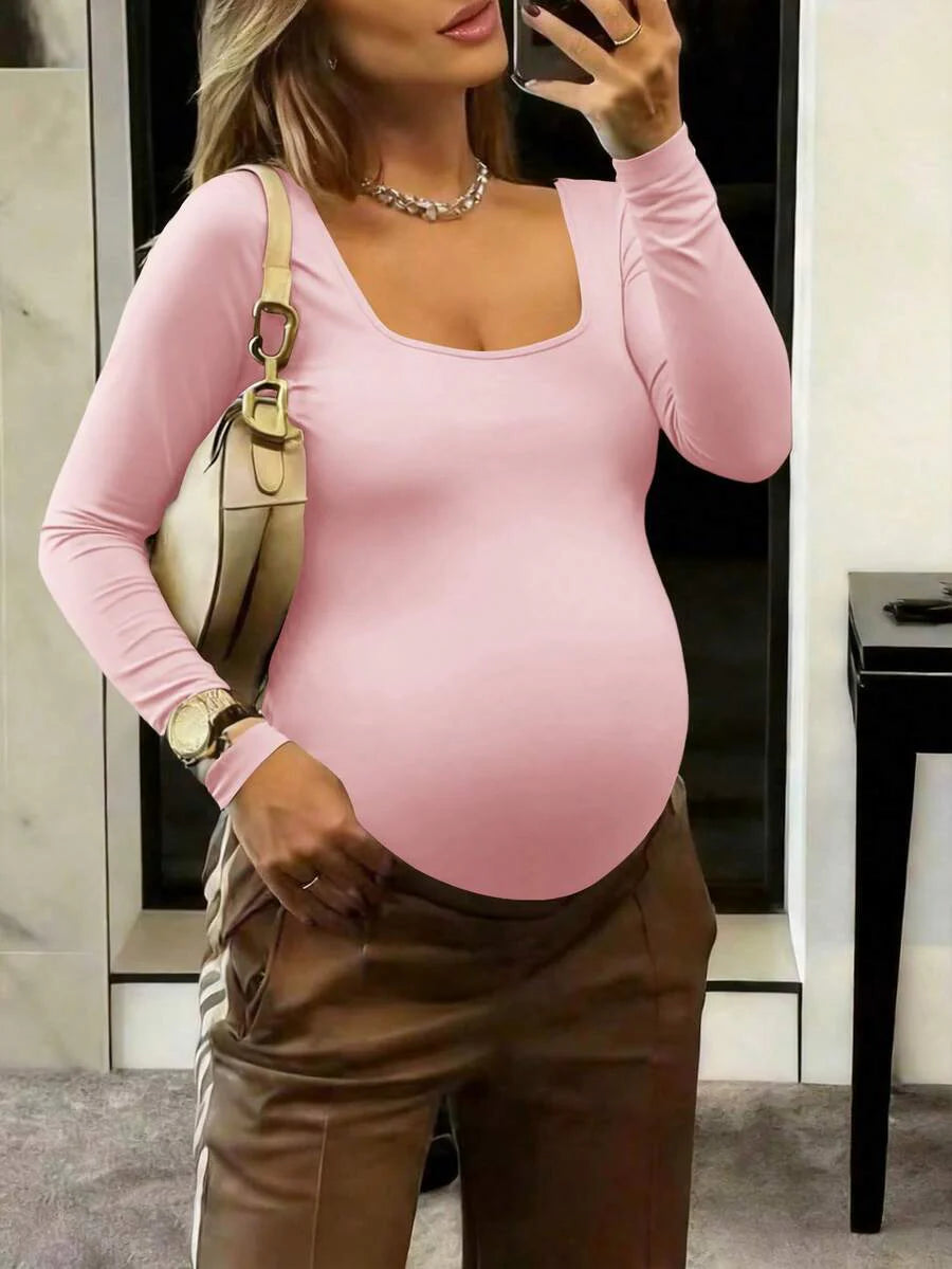 Maternity Bodysuit - Crew Neck Long Sleeve High Elasticity Casual Daily Wear, Pink