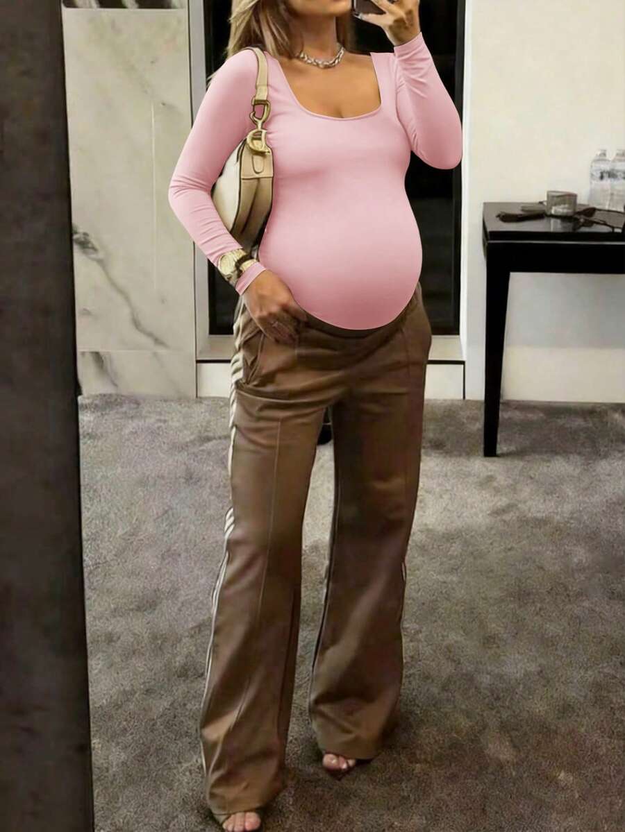 Maternity Bodysuit - Crew Neck Long Sleeve High Elasticity Casual Daily Wear, Pink