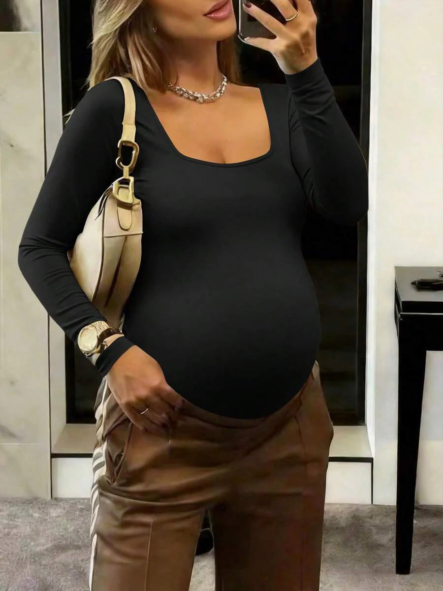 Maternity Bodysuit - Crew Neck Long Sleeve High Elasticity Casual Daily Wear, Pink