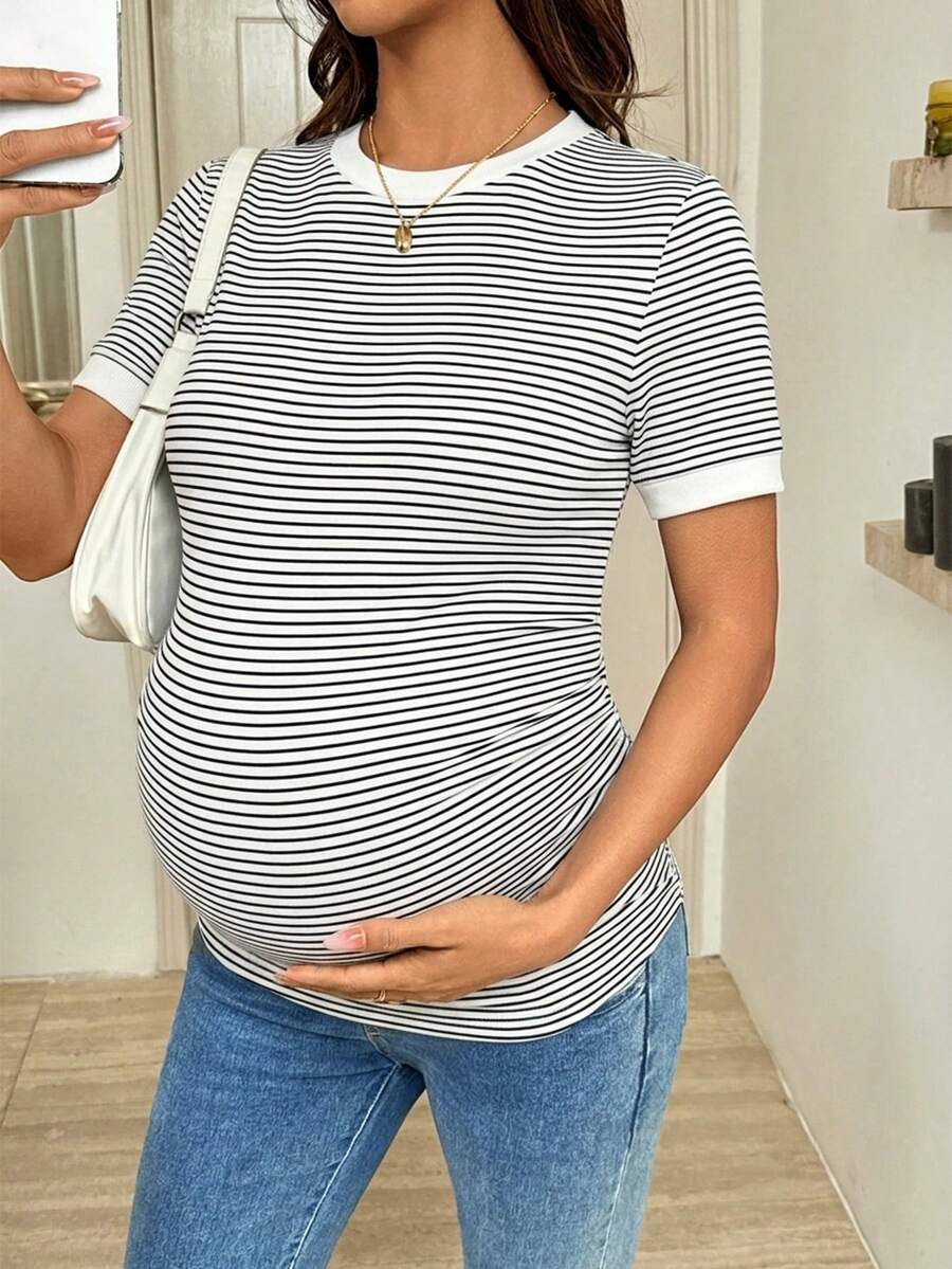 Maternity Striped Short Sleeve T-Shirt - Rib-Knit, Round Neck, Slim Fit, Khaki