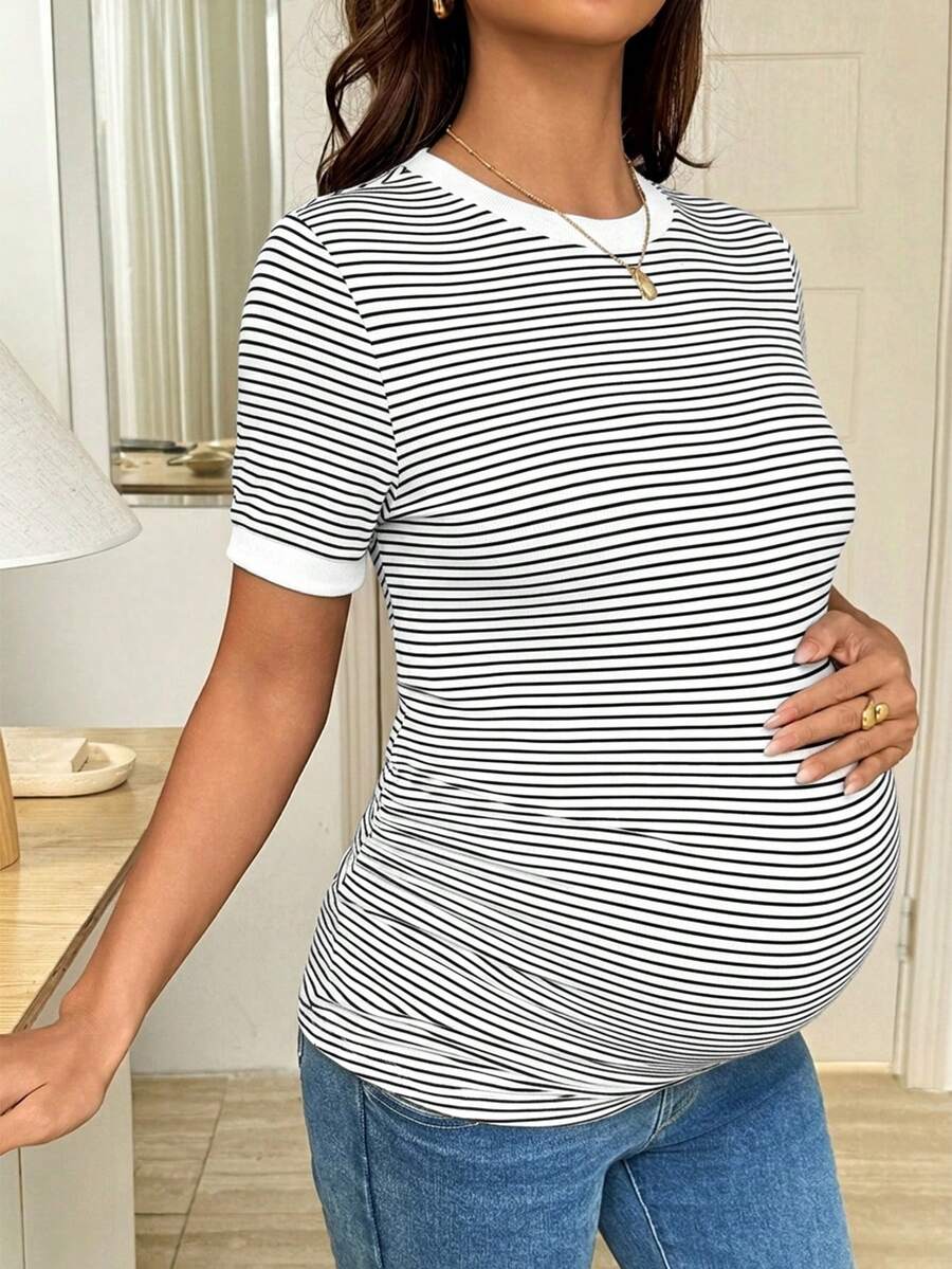 Maternity Striped Short Sleeve T-Shirt - Rib-Knit, Round Neck, Slim Fit, Khaki