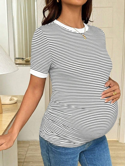 Maternity Striped Short Sleeve T-Shirt - Rib-Knit, Round Neck, Slim Fit, Khaki