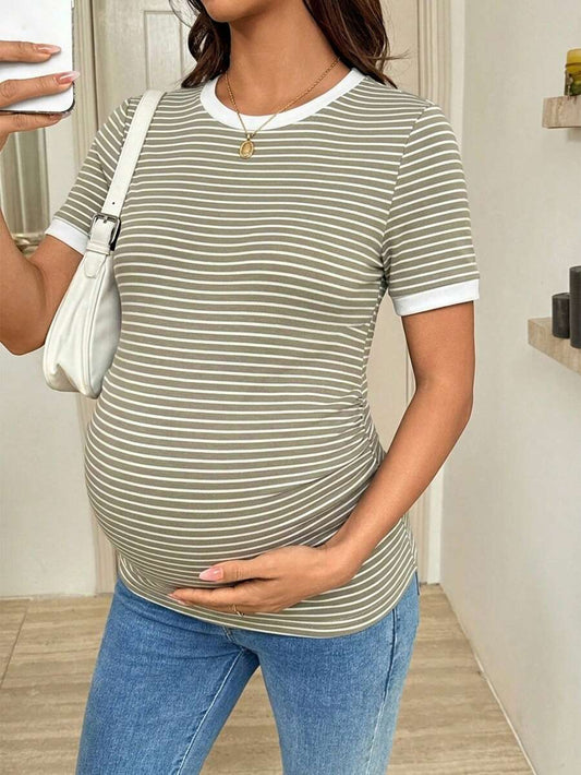 Maternity Striped Short Sleeve T-Shirt - Rib-Knit, Round Neck, Slim Fit, Khaki