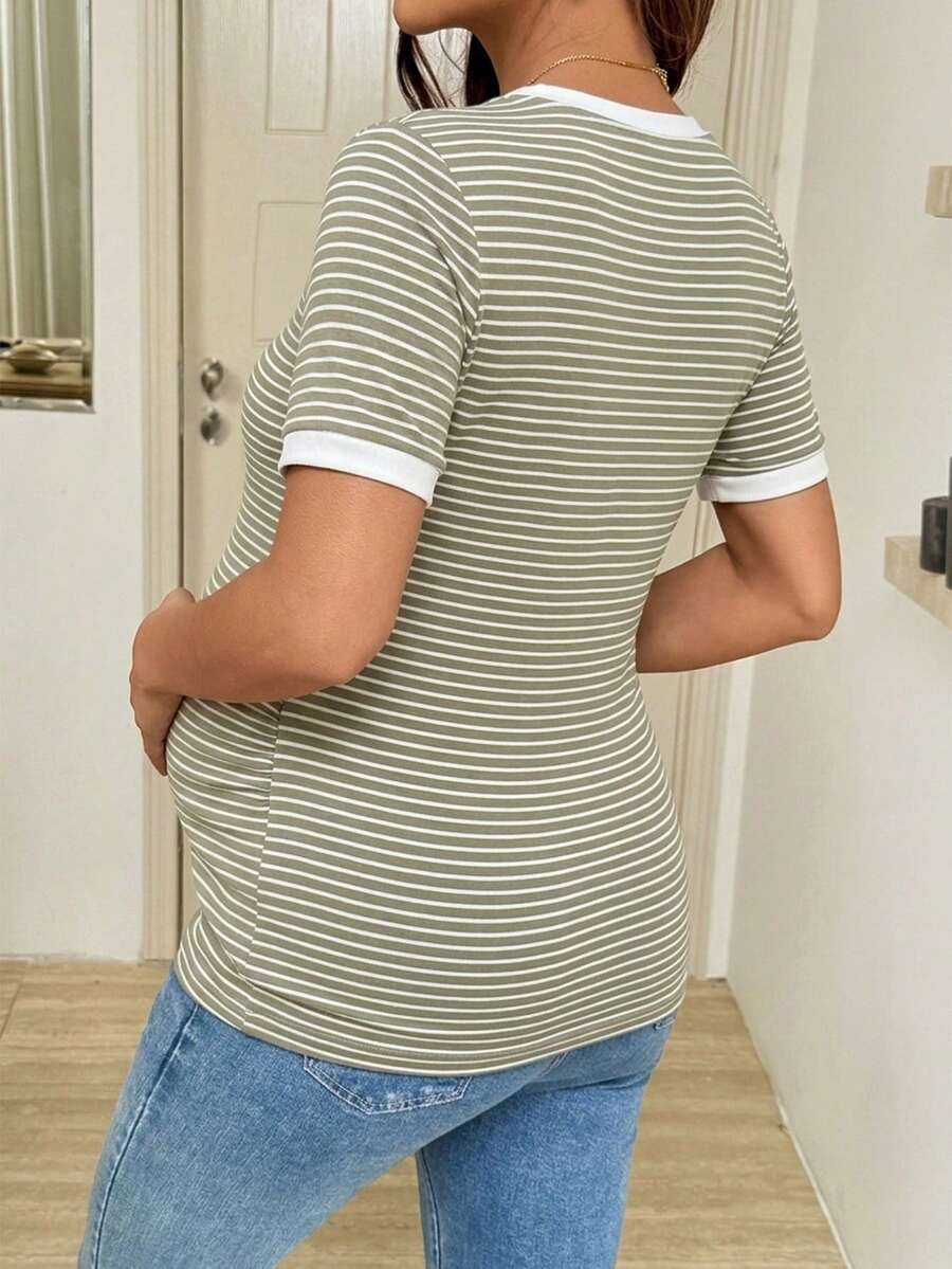 Maternity T-Shirt - Striped Round Neck Short Sleeve Casual Versatile Soft Stretch, Nursing Top