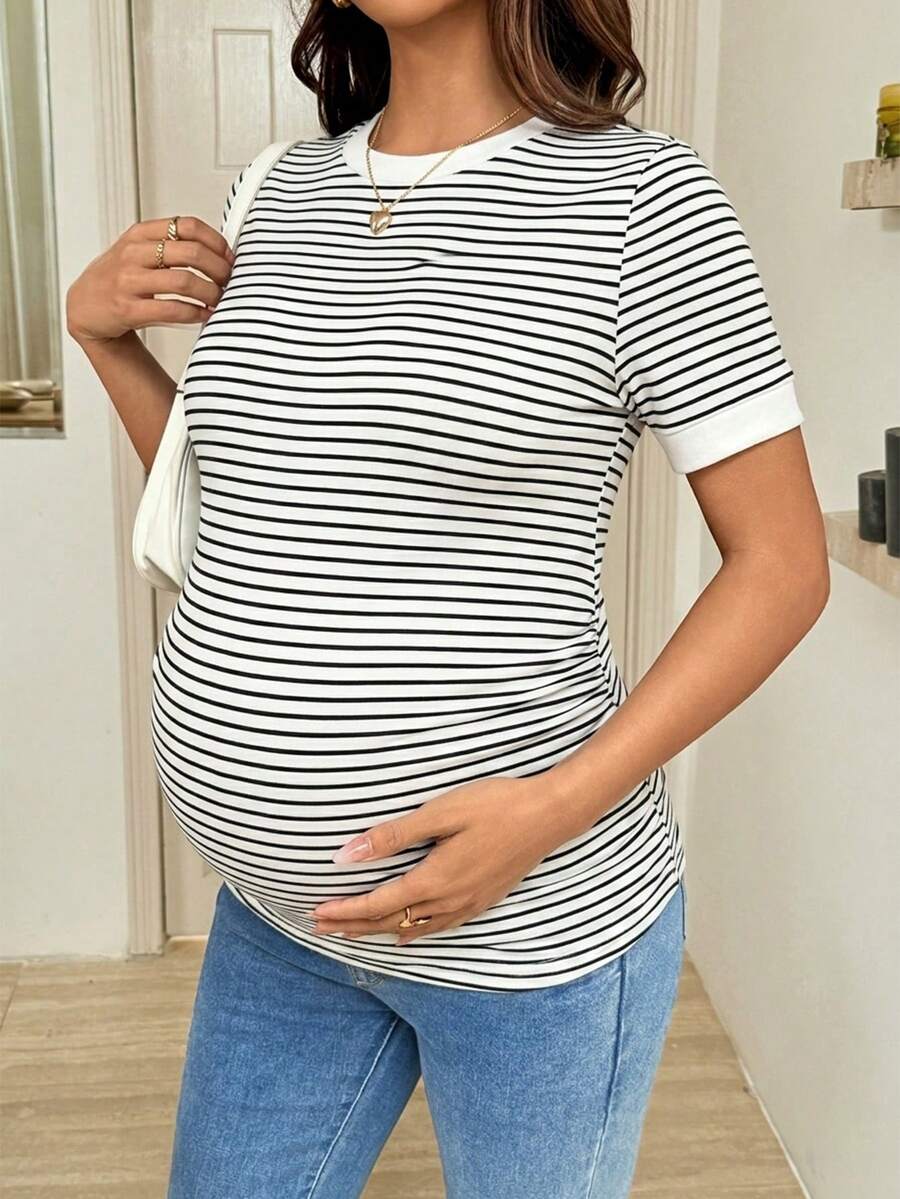 Maternity T-Shirt - Striped Round Neck Short Sleeve Casual Versatile Soft Stretch, Nursing Top