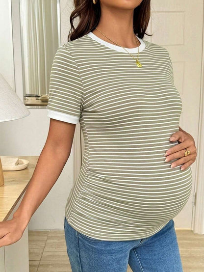 Maternity Striped Short Sleeve T-Shirt - Rib-Knit, Round Neck, Slim Fit, Khaki