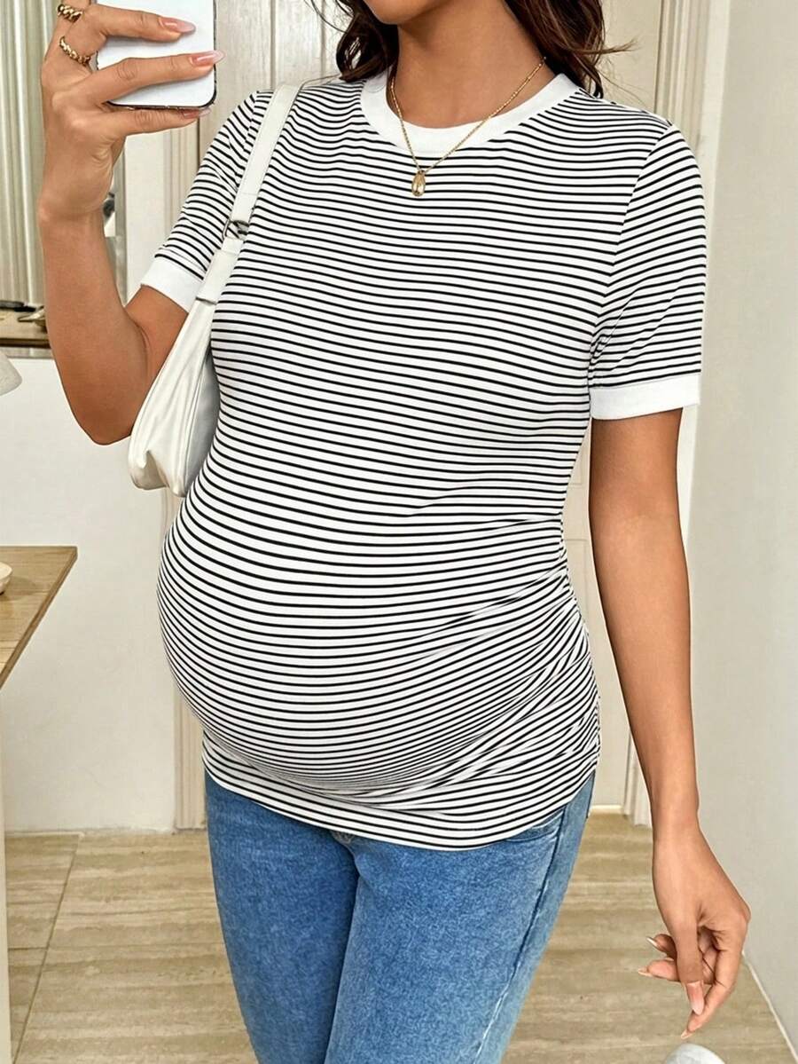 Maternity Striped Short Sleeve T-Shirt - Rib-Knit, Round Neck, Slim Fit, Khaki