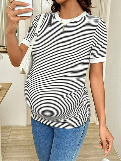 Maternity Striped Short Sleeve T-Shirt - Rib-Knit, Round Neck, Slim Fit, Khaki