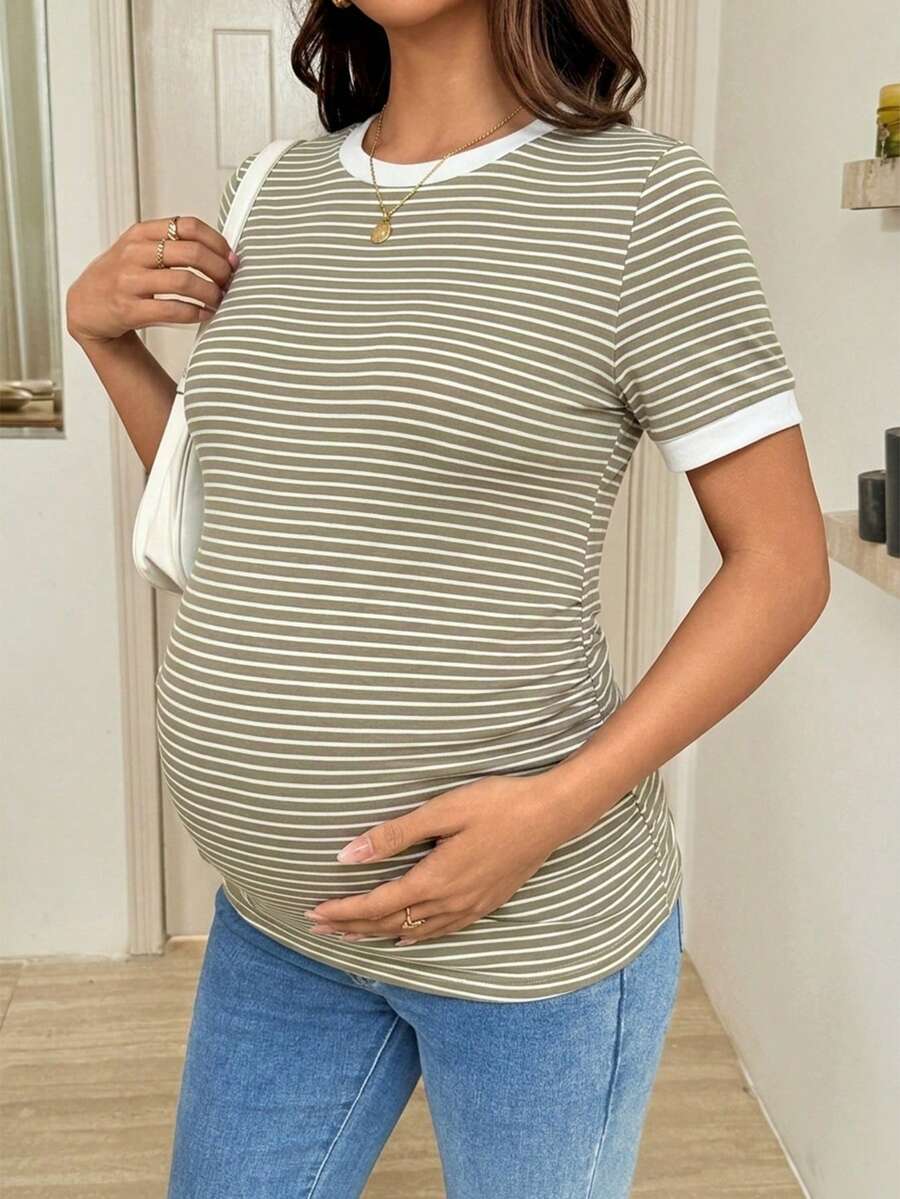 Maternity Striped Short Sleeve T-Shirt - Rib-Knit, Round Neck, Slim Fit, Khaki