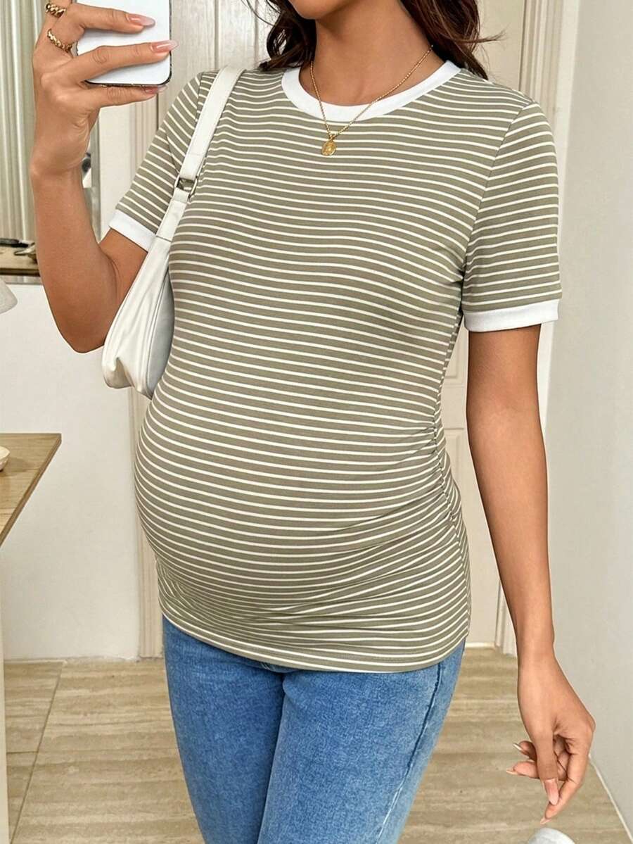 Maternity Striped Short Sleeve T-Shirt - Rib-Knit, Round Neck, Slim Fit, Khaki