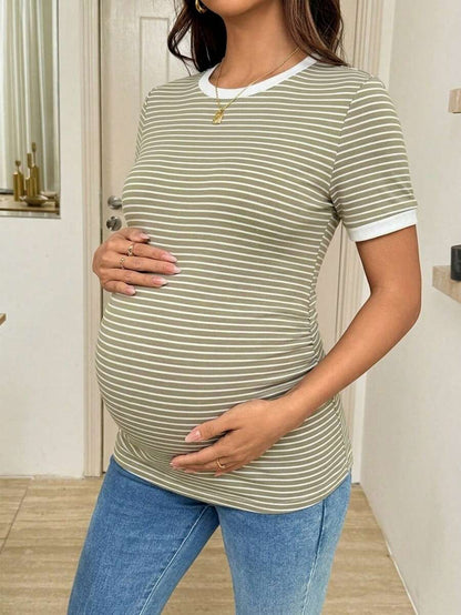 Maternity Striped Short Sleeve T-Shirt - Rib-Knit, Round Neck, Slim Fit, Khaki