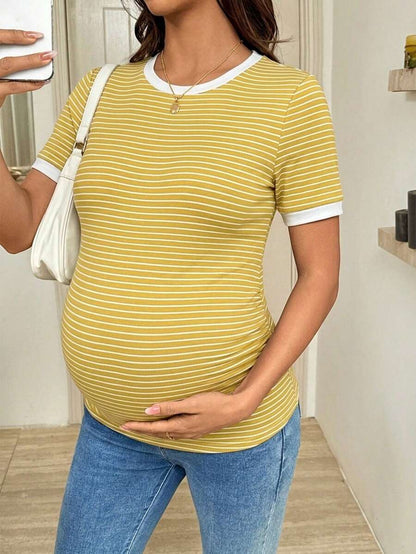 Maternity Striped Short Sleeve T-Shirt - Rib-Knit, Round Neck, Slim Fit, Khaki