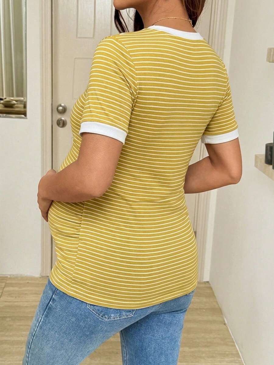 Maternity Striped Short Sleeve T-Shirt - Rib-Knit, Round Neck, Slim Fit, Khaki