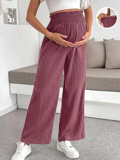 Maternity Wide Leg Pants - Shirred Waist, Loose Fit, Ultra High Waist, Apricot