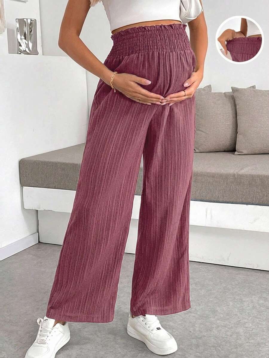 Maternity Wide Leg Textured Pants in Black High Waist Loose Fit Summer Beach Flowy Trousers for Women
