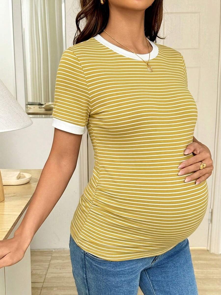 Maternity Striped Short Sleeve T-Shirt - Rib-Knit, Round Neck, Slim Fit, Khaki