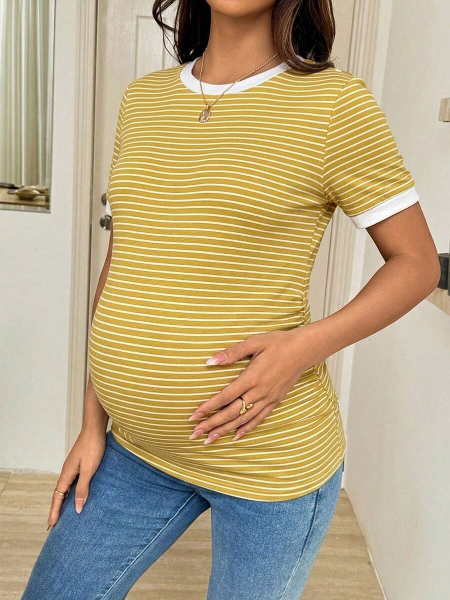 Maternity T-Shirt - Striped Round Neck Short Sleeve Casual Versatile Soft Stretch, Nursing Top