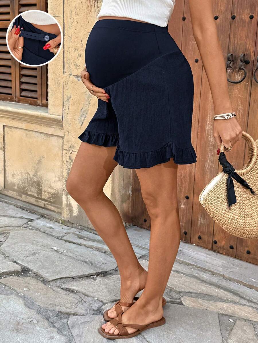 Maternity Black Ruffle Hem Casual Shorts with Adjustable Elastic Waist, 100% Cotton Loose Fit Pregnancy Beach Shorts for Summer