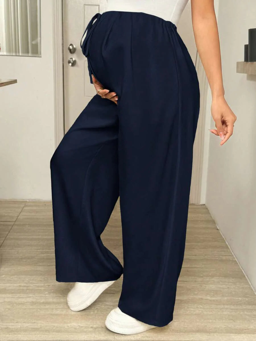 Maternity Wide Leg Pants - Drawstring Waist, Loose Fit, Pocket, Army Green