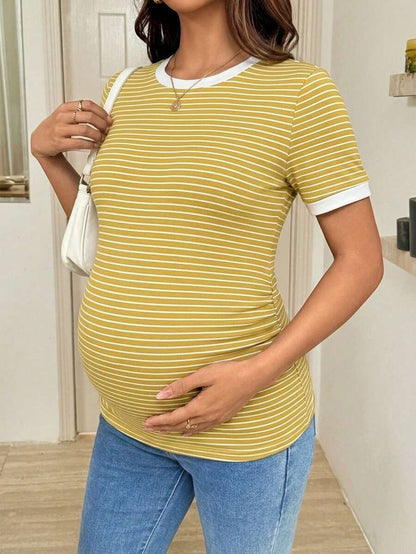 Maternity T-Shirt - Striped Round Neck Short Sleeve Casual Versatile Soft Stretch, Nursing Top
