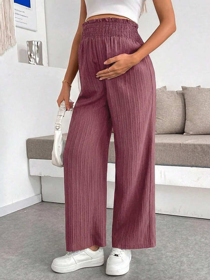 Maternity Wide Leg Textured Pants in Black High Waist Loose Fit Summer Beach Flowy Trousers for Women