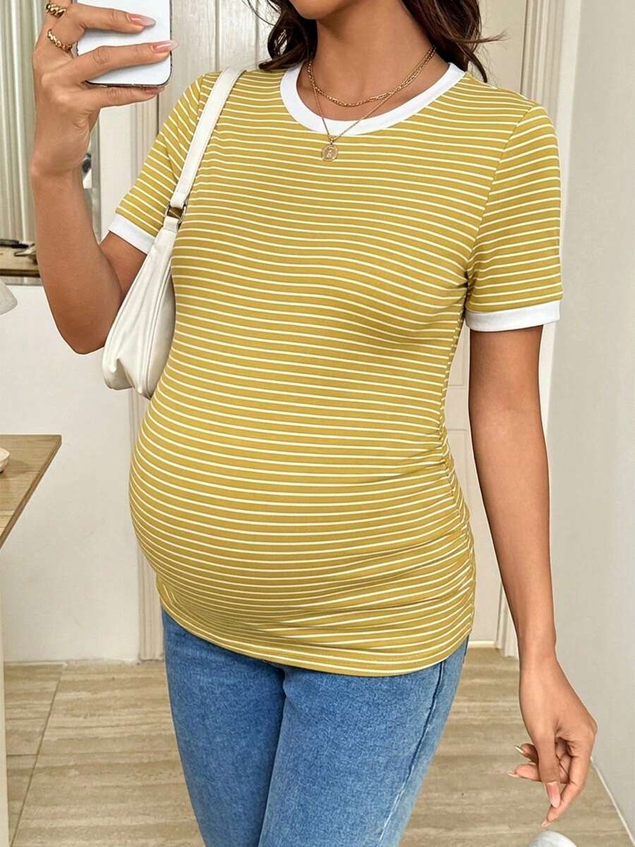 Maternity Striped Short Sleeve T-Shirt - Rib-Knit, Round Neck, Slim Fit, Khaki