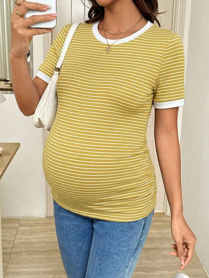 Maternity Striped Short Sleeve T-Shirt - Rib-Knit, Round Neck, Slim Fit, Khaki