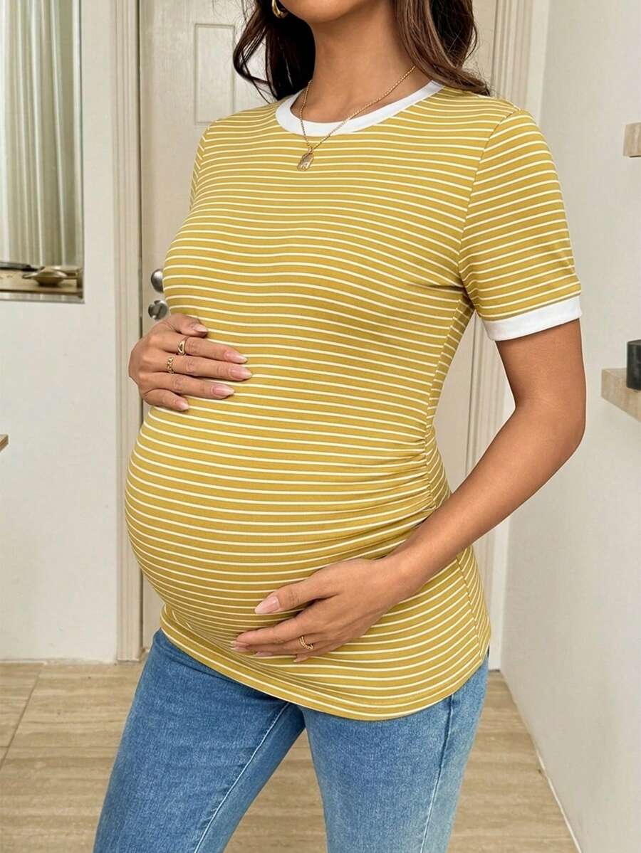Maternity T-Shirt - Striped Round Neck Short Sleeve Casual Versatile Soft Stretch, Nursing Top