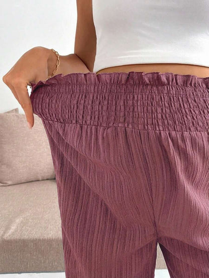 Maternity Wide Leg Textured Pants in Black High Waist Loose Fit Summer Beach Flowy Trousers for Women