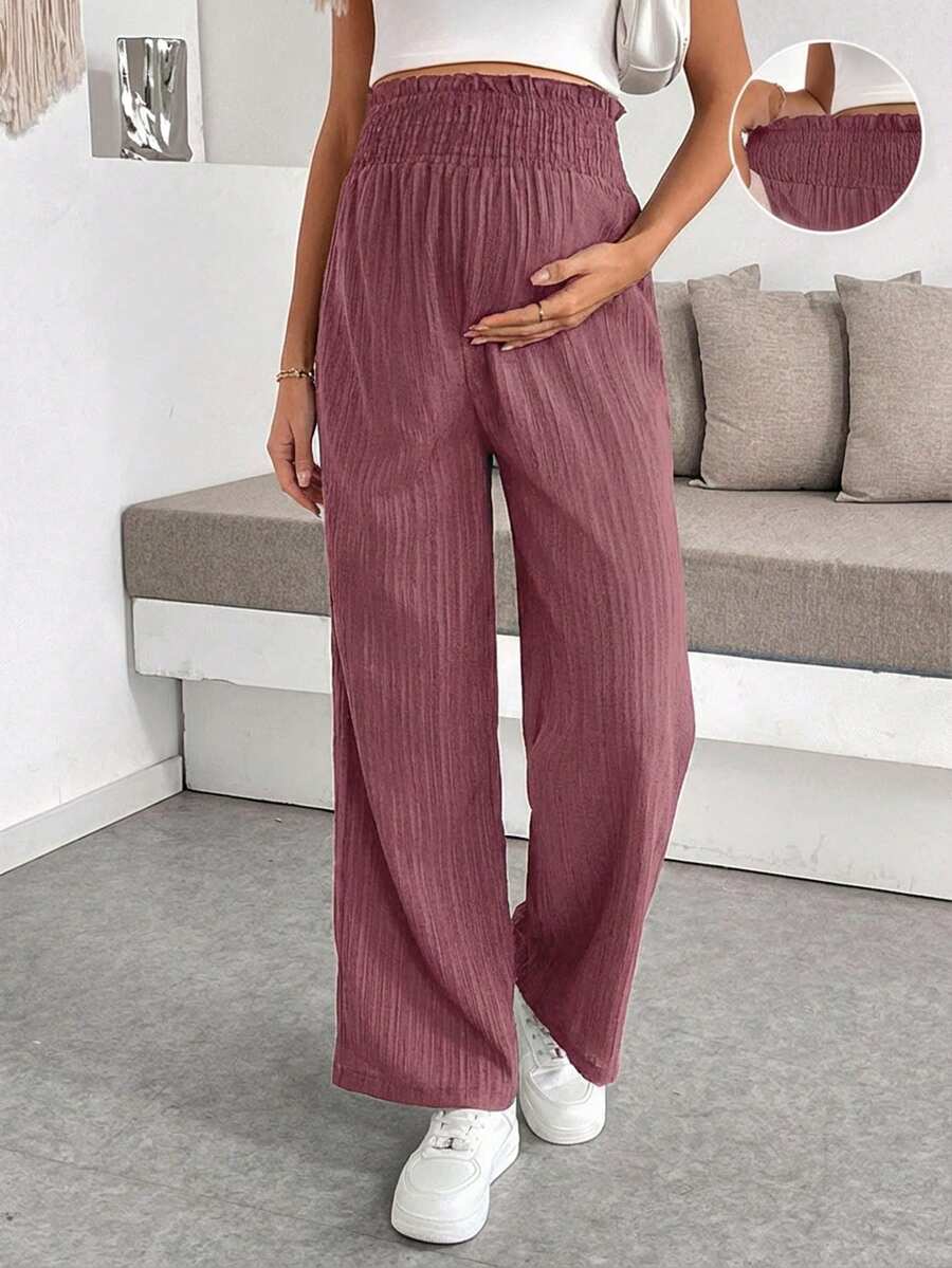 Maternity Wide Leg Pants - Shirred Waist, Loose Fit, Ultra High Waist, Apricot