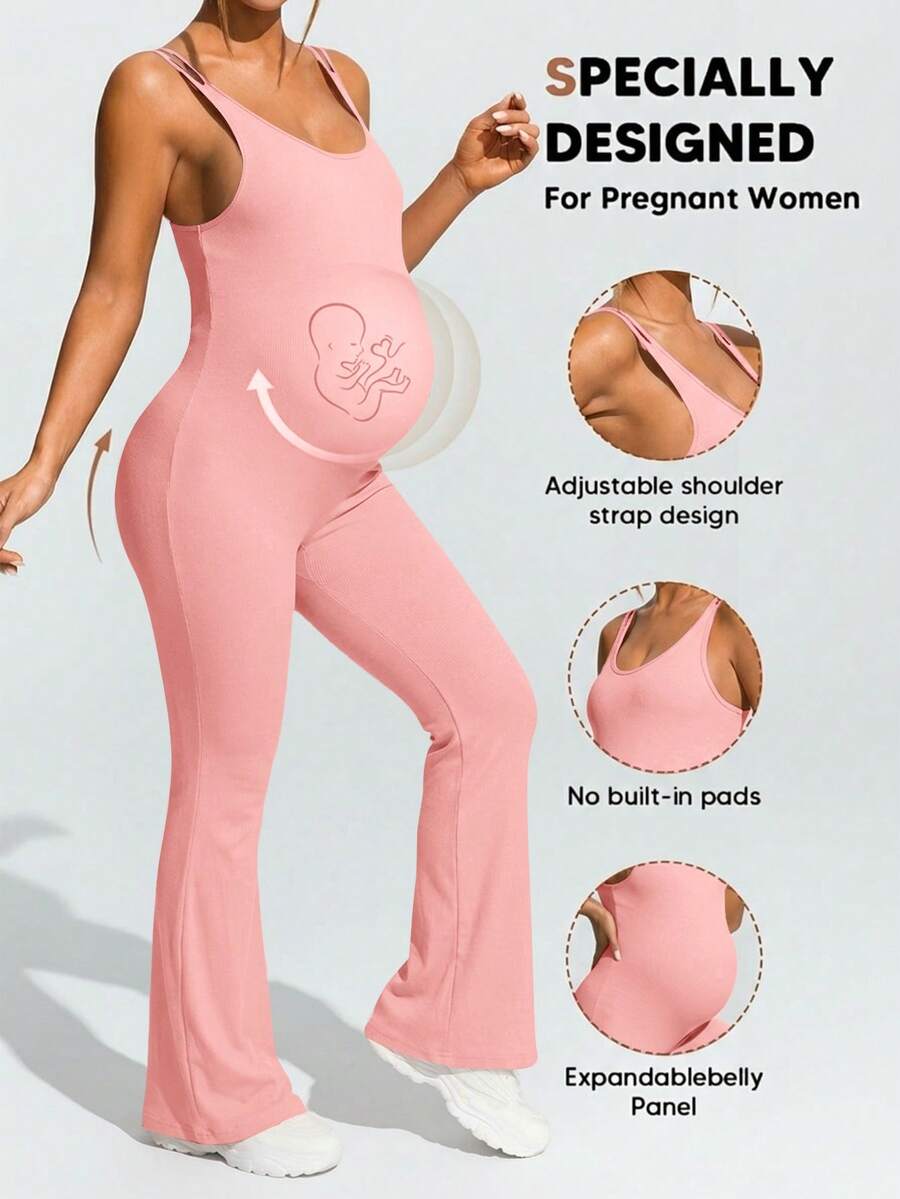 Baby Blue Maternity High Stretch Flared Jumpsuit - Backless Scoop Neck Sleeveless Skinny Fit One Piece - Adjustable Strap Maternity Activewear
