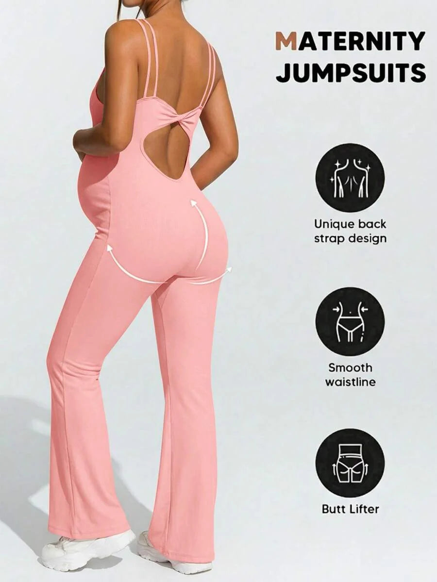 Baby Blue Maternity High Stretch Flared Jumpsuit - Backless Scoop Neck Sleeveless Skinny Fit One Piece - Adjustable Strap Maternity Activewear