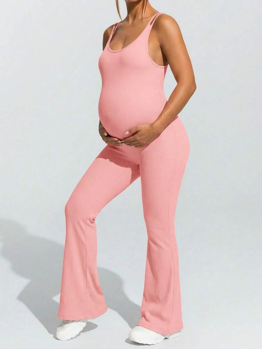 Baby Blue Maternity High Stretch Flared Jumpsuit - Backless Scoop Neck Sleeveless Skinny Fit One Piece - Adjustable Strap Maternity Activewear