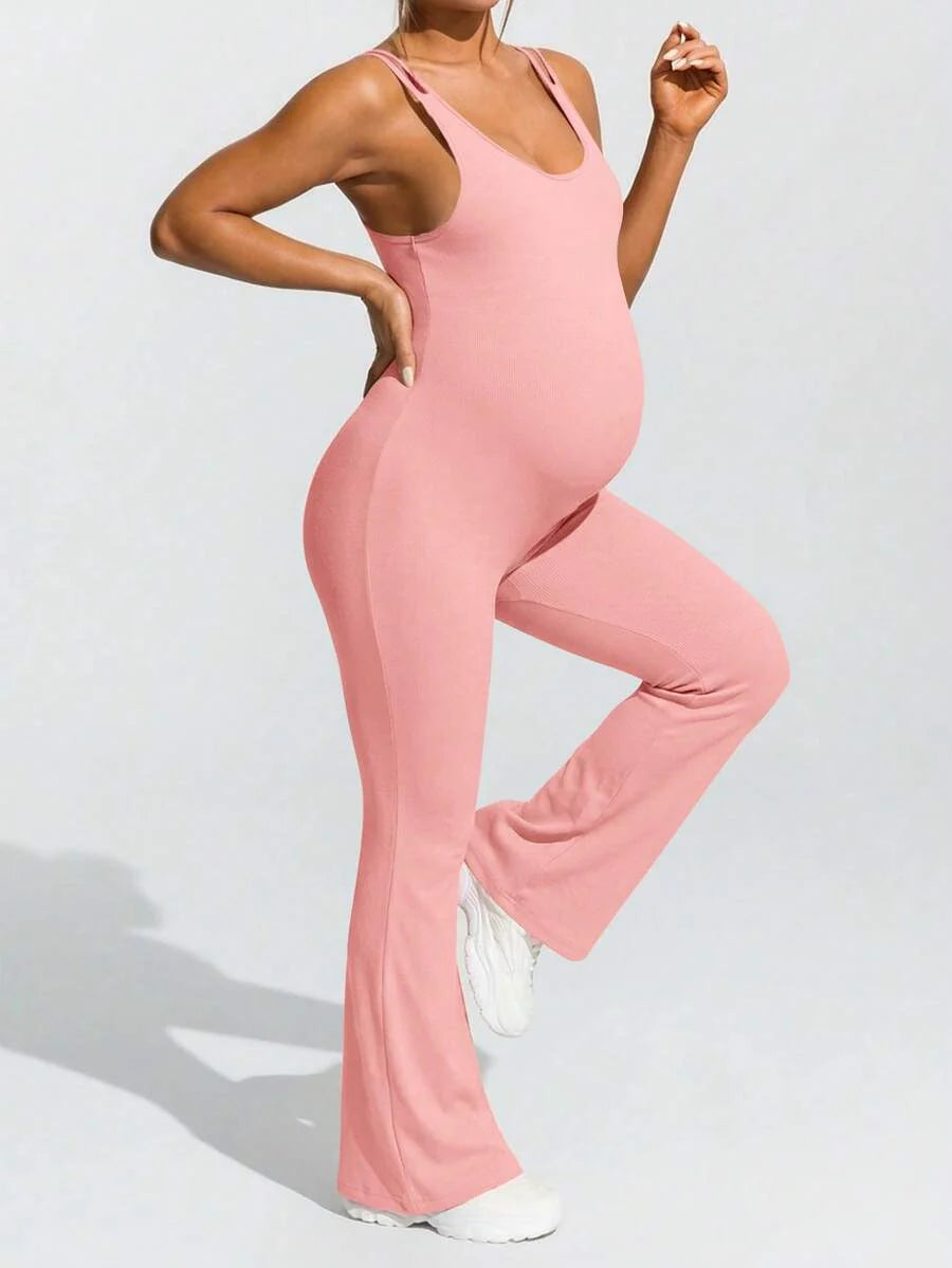 Baby Blue Maternity High Stretch Flared Jumpsuit - Backless Scoop Neck Sleeveless Skinny Fit One Piece - Adjustable Strap Maternity Activewear