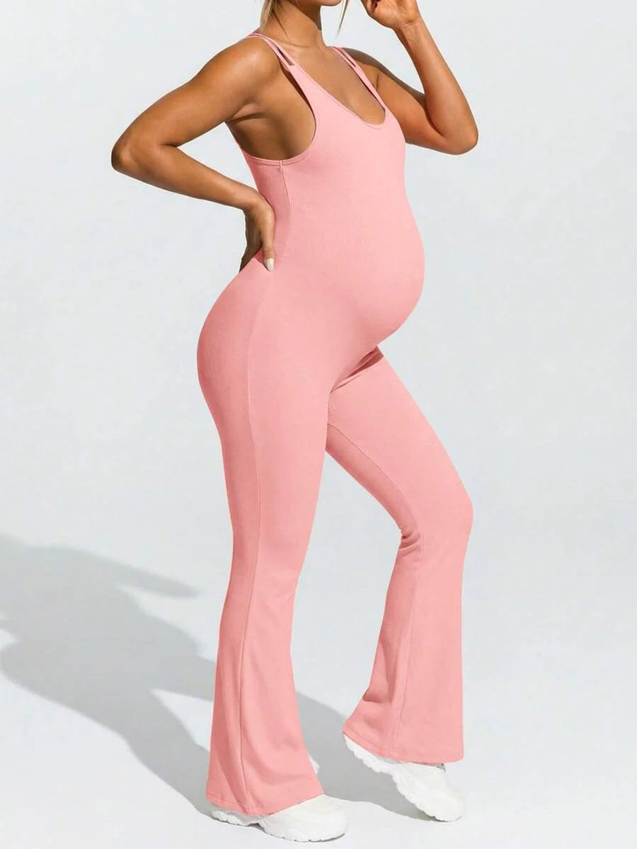 Baby Blue Maternity High Stretch Flared Jumpsuit - Backless Scoop Neck Sleeveless Skinny Fit One Piece - Adjustable Strap Maternity Activewear