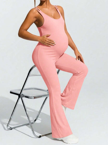 Baby Blue Maternity High Stretch Flared Jumpsuit - Backless Scoop Neck Sleeveless Skinny Fit One Piece - Adjustable Strap Maternity Activewear