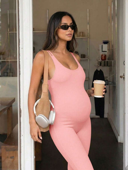 Baby Blue Maternity High Stretch Flared Jumpsuit - Backless Scoop Neck Sleeveless Skinny Fit One Piece - Adjustable Strap Maternity Activewear