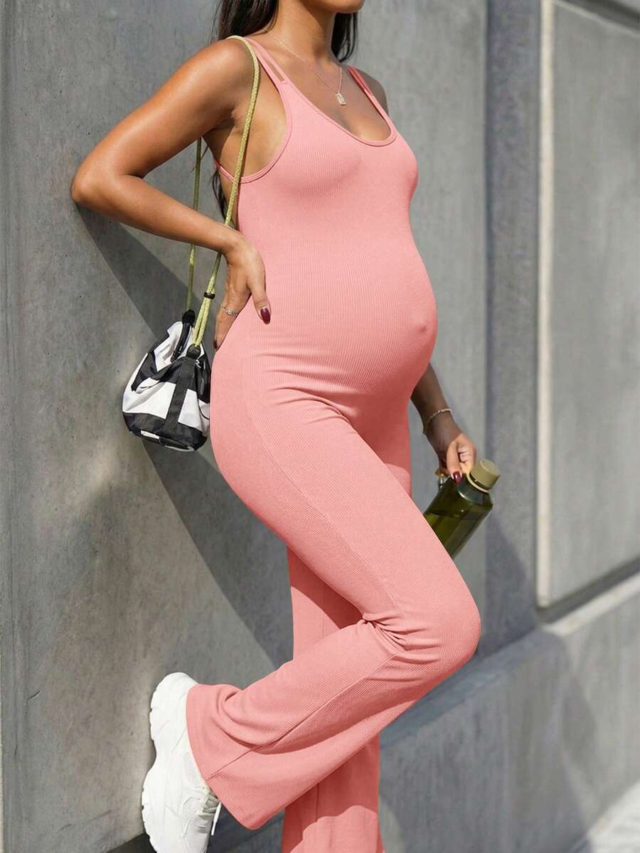 Baby Blue Maternity High Stretch Flared Jumpsuit - Backless Scoop Neck Sleeveless Skinny Fit One Piece - Adjustable Strap Maternity Activewear