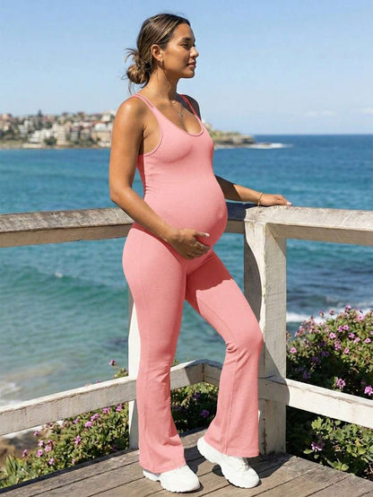 Baby Blue Maternity High Stretch Flared Jumpsuit - Backless Scoop Neck Sleeveless Skinny Fit One Piece - Adjustable Strap Maternity Activewear
