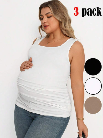 Maternity Plus Size 3-Piece Casual Set - Square Neck, Pleated, Slim Fit, Multicolor