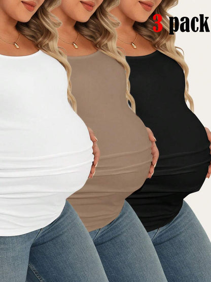 Maternity Plus Size 3-Piece Casual Set - Square Neck, Pleated, Slim Fit, Multicolor