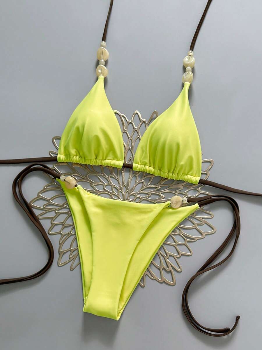 Swim Vcay 2026 Spring/Summer Green Special Fabric Women's Swimwear, Spaghetti Strap Halter Solid Color Sexy Side Tie Thong Bikini Two-Piece Swimwear Teal Bikini Tie Bikini Set Textured Bikini Triangle Bikini Triangle Bikini Set