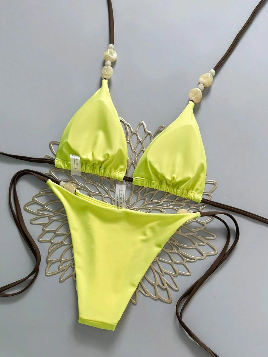 Swim Vcay 2026 Spring/Summer Green Special Fabric Women's Swimwear, Spaghetti Strap Halter Solid Color Sexy Side Tie Thong Bikini Two-Piece Swimwear Teal Bikini Tie Bikini Set Textured Bikini Triangle Bikini Triangle Bikini Set