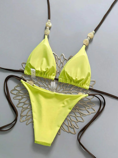 Swim Vcay 2026 Spring/Summer Green Special Fabric Women's Swimwear, Spaghetti Strap Halter Solid Color Sexy Side Tie Thong Bikini Two-Piece Swimwear Teal Bikini Tie Bikini Set Textured Bikini Triangle Bikini Triangle Bikini Set