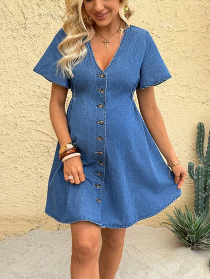 Blue Denim V-Neck Maternity Mini Dress with Button Front and Short Sleeves - Casual Summer Empire Waist Maternity Sun Dress