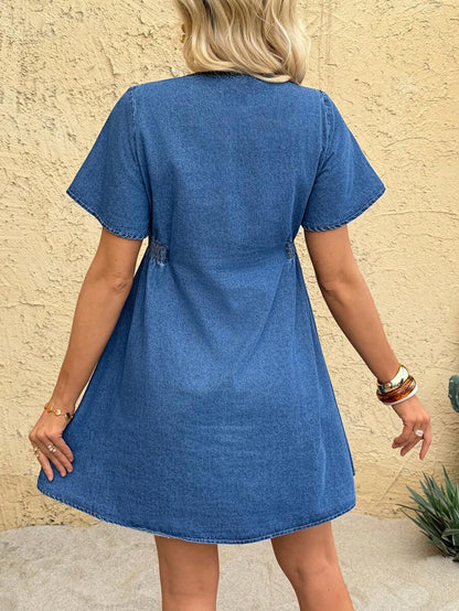 Blue Denim V-Neck Maternity Mini Dress with Button Front and Short Sleeves - Casual Summer Empire Waist Maternity Sun Dress