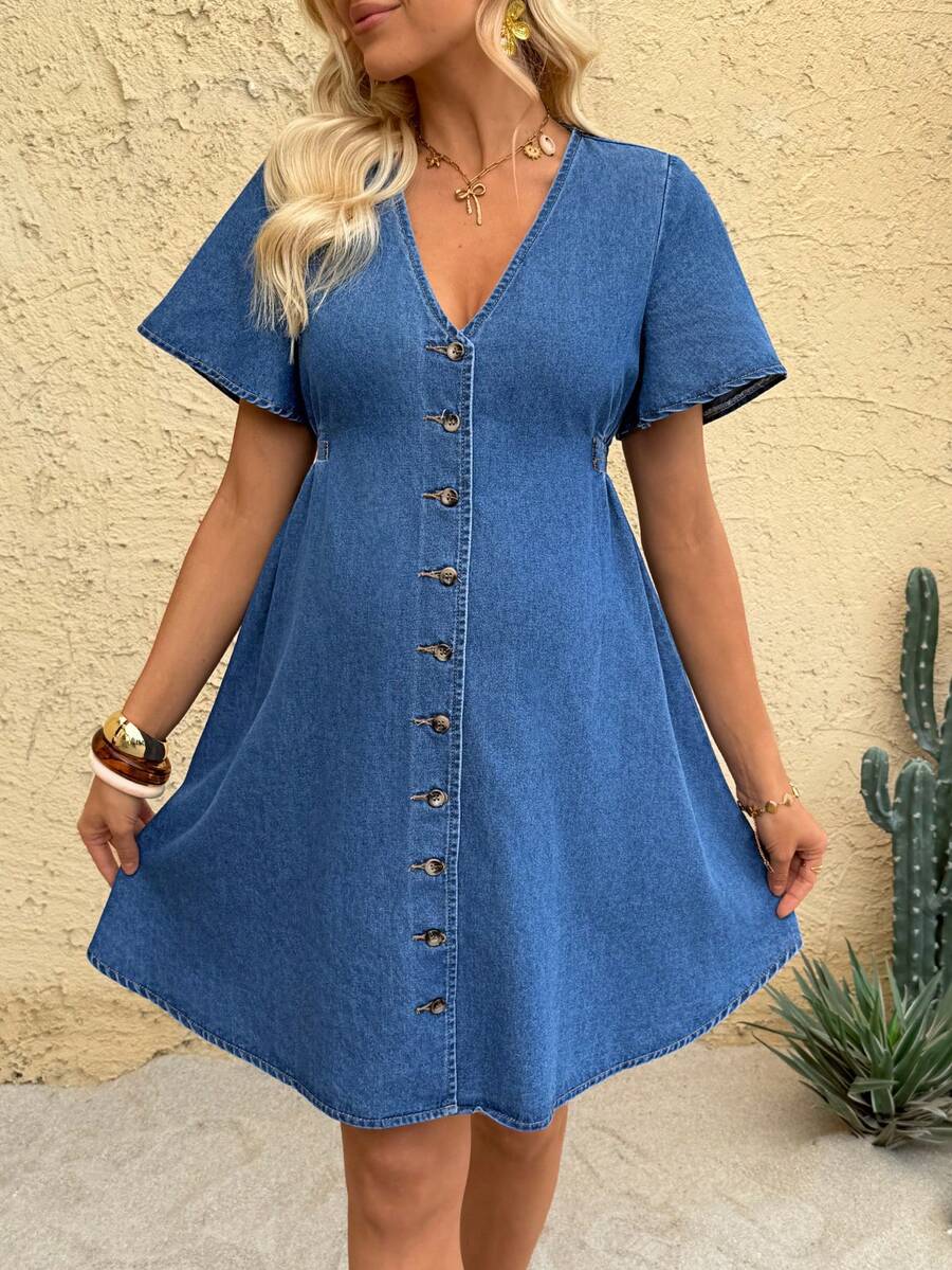 Blue Denim V-Neck Maternity Mini Dress with Button Front and Short Sleeves - Casual Summer Empire Waist Maternity Sun Dress